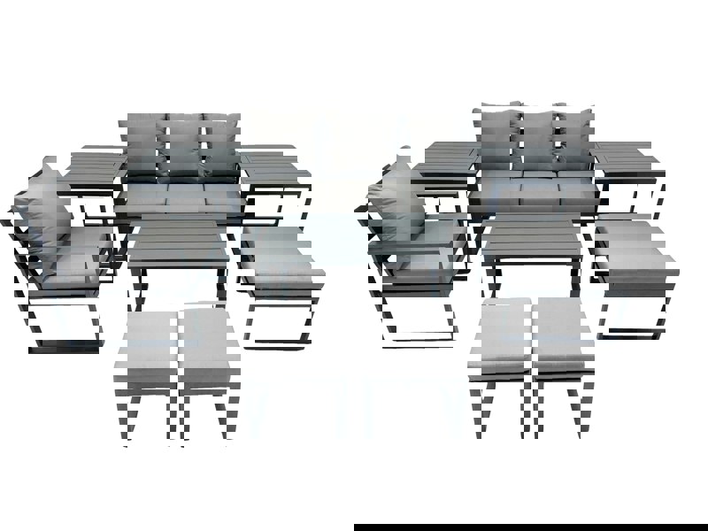 Fimous 7 Seat Outdoor Garden Furniture Set Aluminium Lounge 3 Seat Sofa Oblong Coffee Table Sets with Chair 3 Stools 2 Side Tables Dark Grey