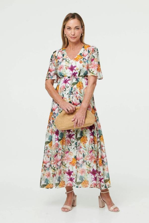 White | Floral Tiered 1/2 Sleeve Maxi Dress