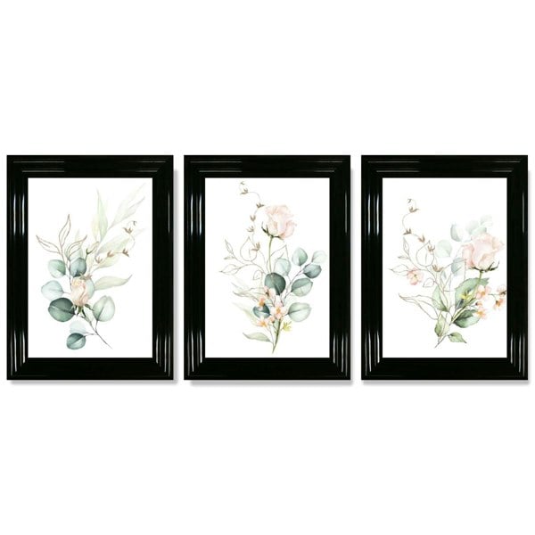 Pink Floral Roses Set of 3 Framed Art Prints with Glossy Black Frames