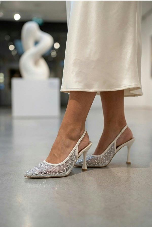 Saoirse Embellished Mesh Pointed Toe Heels - White