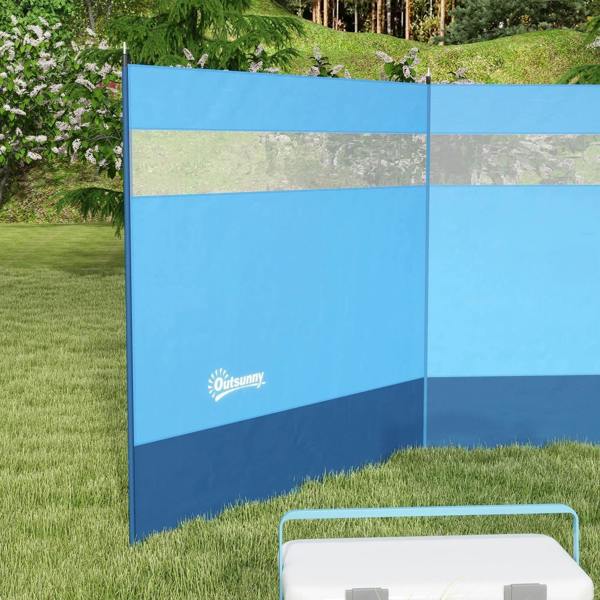 Blue camping windbreak screen with clear window panels standing on lawn