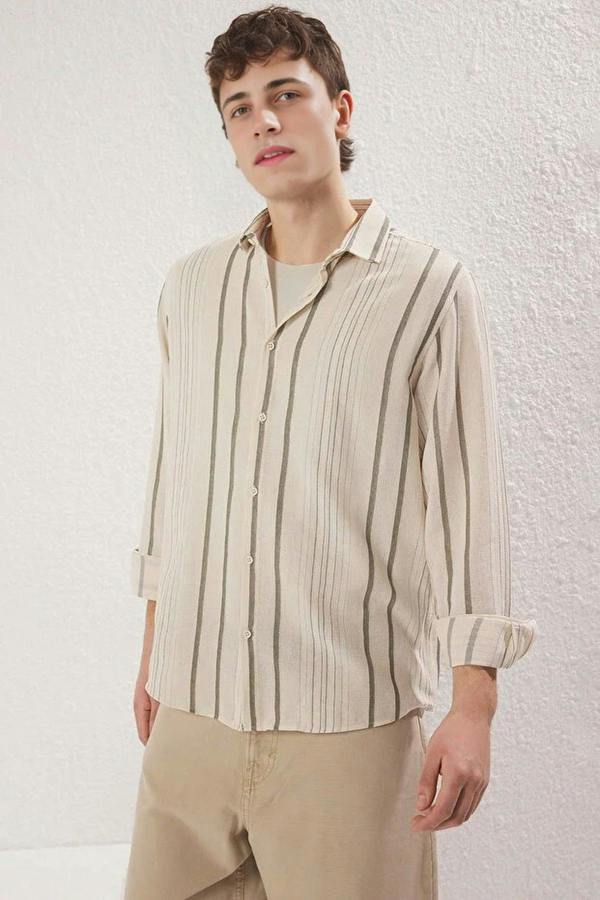 WOVCOR Regular Fit Striped Linen Textured Men’s Shirt