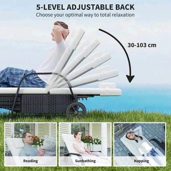 Black rattan sun lounger with adjustable backrest, white cushion