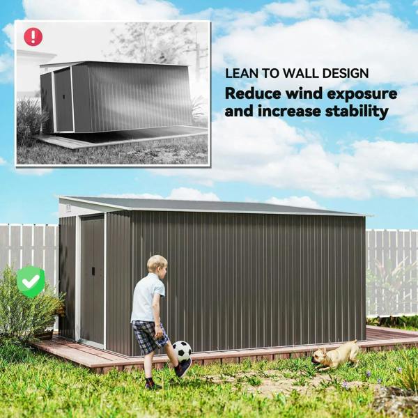 Grey metal shed with slanted lean-to roof design and side door