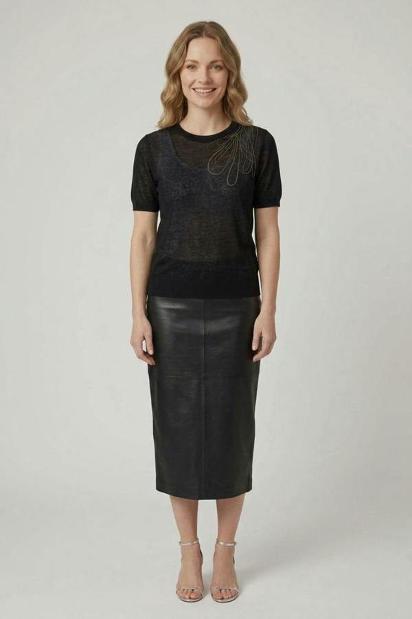 Black | Abstract Diamante Cap Sleeve Knit Top
