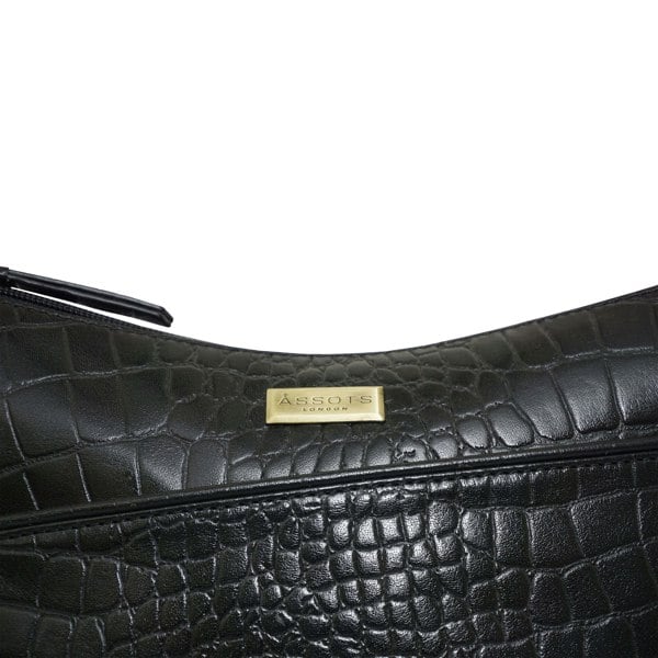 Assots London 'CAROL' Black Croc Real Leather Designer Crossbody Shoulder Bag