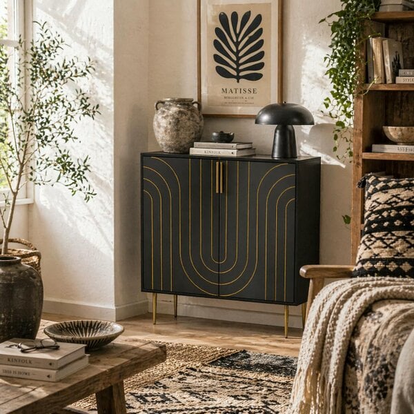 Wyld Haus Mose Black And Gold Art Deco Style Sideboard 2 Doors