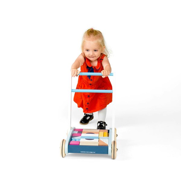 Bigjigs Toys Wooden Baby Walker With 25 Building Blocks - Easy-To-Grip Handlebar