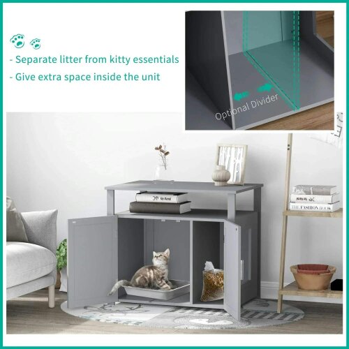 Wooden Cat Litter Box Enclosure Furniture with Adjustable Interior Wall & Large Tabletop for Nightstand, Grey