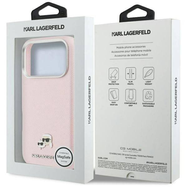 Karl Lagerfeld Karl & Choupette Head Pins Saffiano Case with MagSafe iPhone 17 Pro Max 6.9" Pink - KLHMP17X6PFKCLP