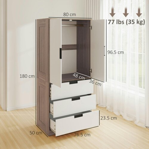 Wyld Haus Coracasa White And Brown 2 Door Wardrobe With Hanging Rail and 3 Drawer Storage Unit
