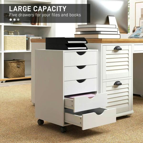 White filing cabinet with five drawers and open lower drawer for files and books