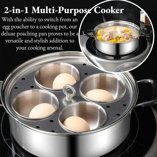 Havendro Egg Poacher Poached Egg Maker Pot Egg Poaching Pan 4 Bowls Stainless Steel Tool