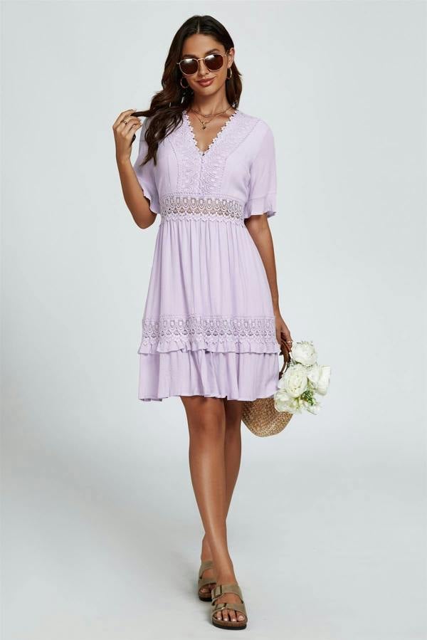 FS Collection V Neck Lace Mini Dress In Purple