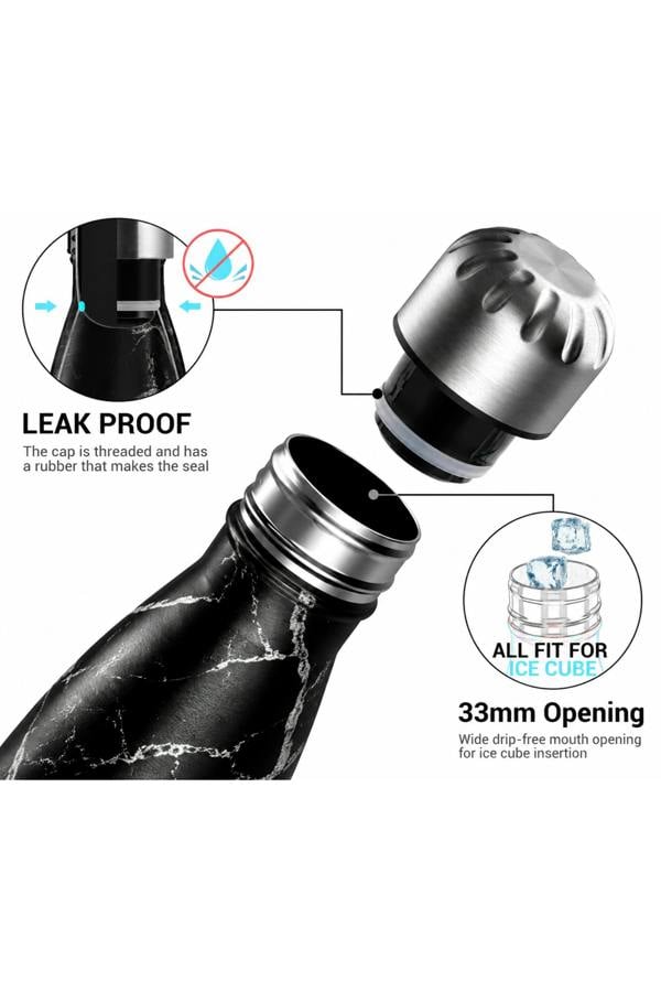 Dyzi 500ml Stainless Steel Water Bottle Leak Proof Black Marble