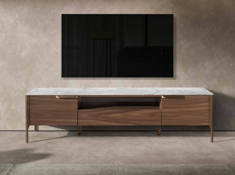 Angel Cerdá Walnut TV Stand With Imitation Marble Glass Top 3078