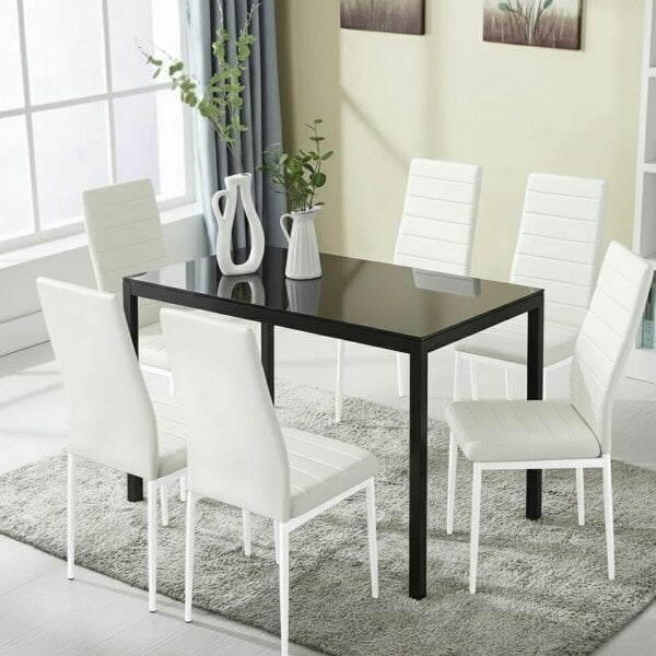 Kosy Koala Black Glass Dining Table Set With Set of 6 White Faux Leather Chairs Dining Room Furniture