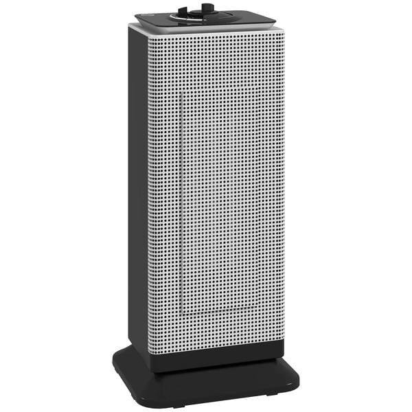 Black ceramic electric space heater with fan, standing with vented grille