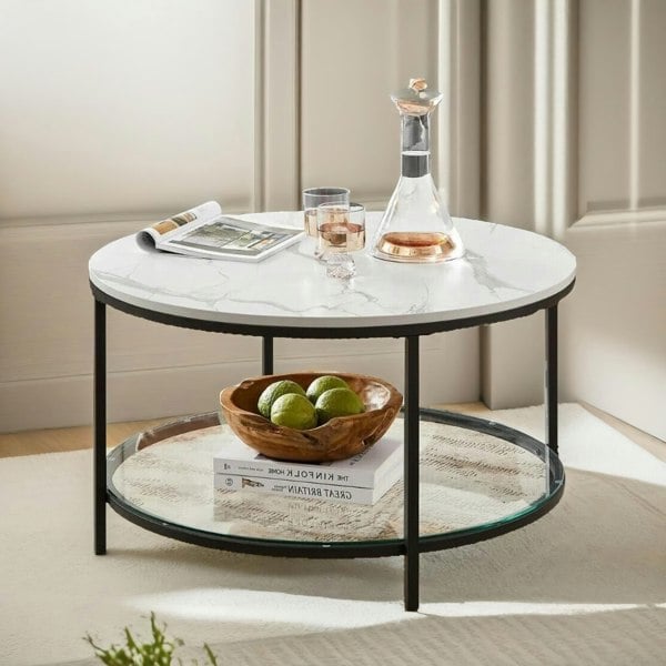 Rafaelo Mobilia 2 Tier Round Faux Marble Coffee Table White