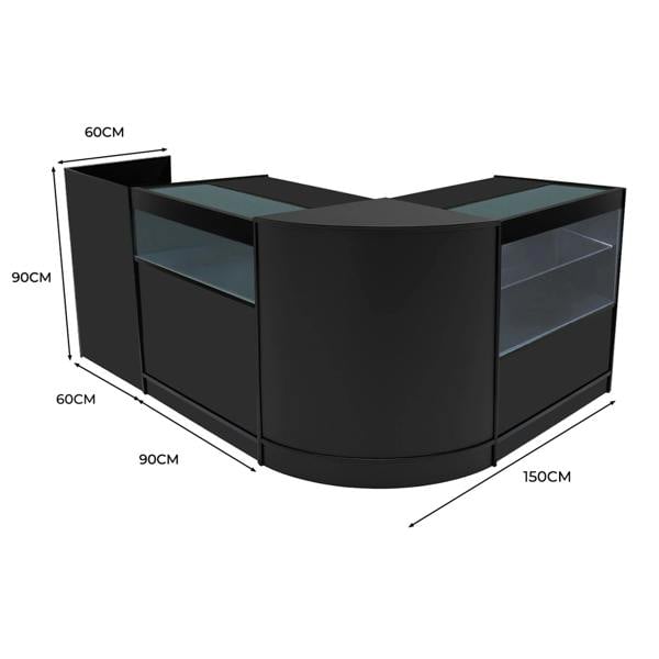 Black Gravity LED Shop Counter Set featuring sleek curved design, glass display sections, and ample storage space, ideal for retail environments