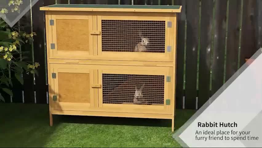 PawHut Double Decker Rabbit Hutch Bunny Cage Pet House Outdoor W/ Tray, Yellow