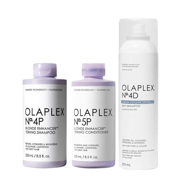 Olaplex No.4P Blonde Enhancer Shampoo, No.5P Conditioner, No.4D Dry Shampoo