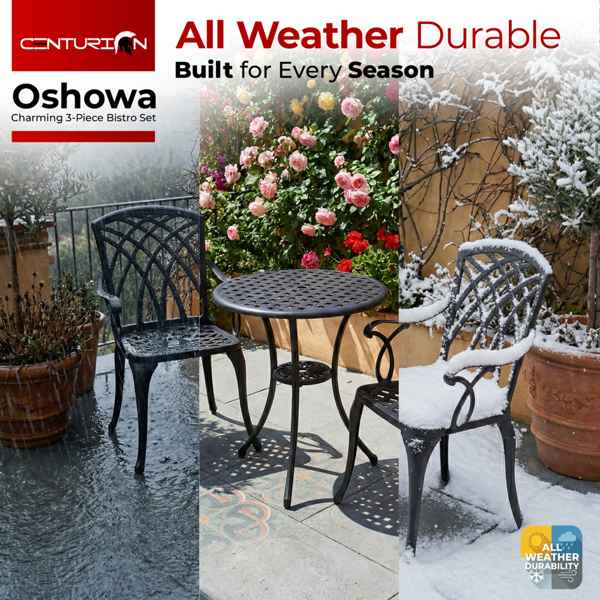 Centurion Supports OSHOWA Luxurious Garden and Patio Table and 2 Large Chairs with Armrests Cast Aluminium Bistro Set - Black