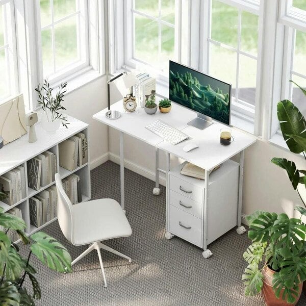 105 x 51 cm Foldable Office Deskwith 3 Drawers, Extendable Top, Wheels, White - White