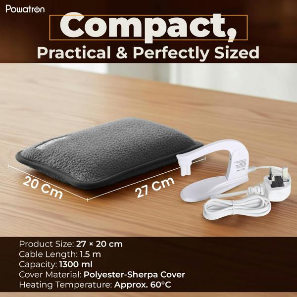 Powatron Rechargeable Electric Hot Water Bottle - Soft & Cosy Hand Body Warmer, Massaging Heat Pad, Over-Heat Protection Electric Water Bottle