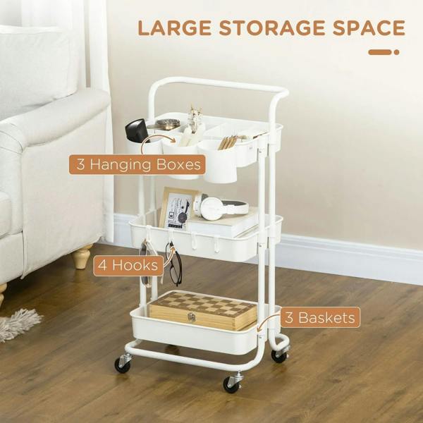 White three-tier trolley with hanging cup holders, hooks, and two lower storage shelves