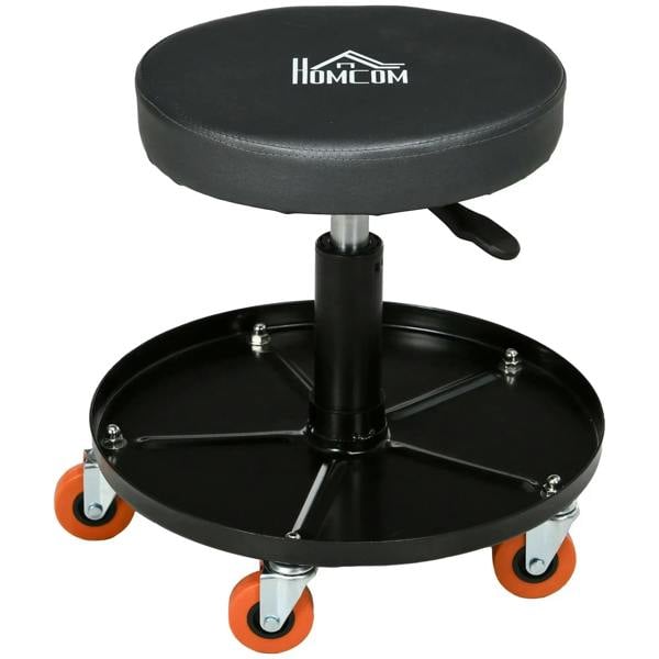 Black pneumatic workshop stool with round padded seat, swivel base, and casters
