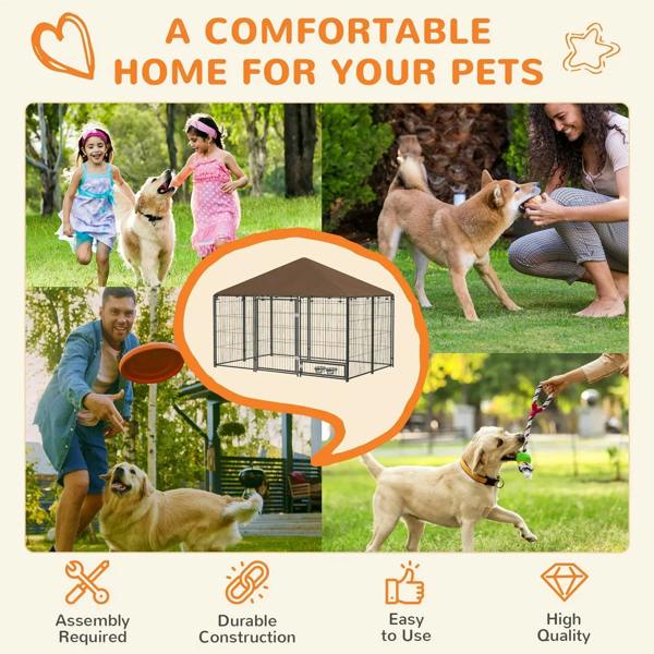 Outdoor dog playpen kennel with brown canopy and black wire panels, front view