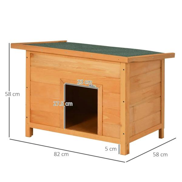 Yellow wooden elevated dog kennel with open front, side view showing dimensions