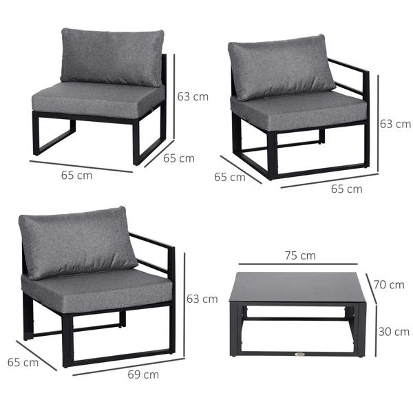 Grey sectional sofa seat and coffee table with size measurements shown in a layout