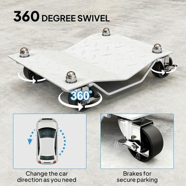 Two-piece metal car wheel dolly with 360-degree swivel caster bases.