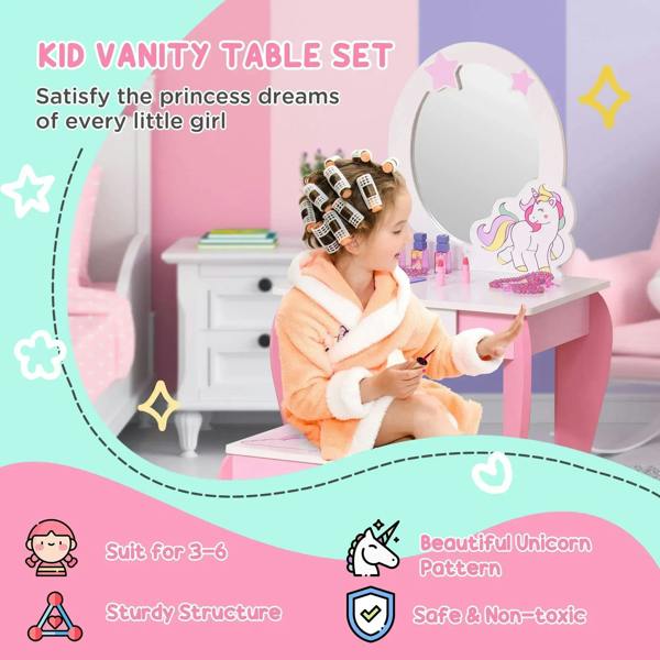 Child playing at pink kids dressing table with unicorn mirror and star accents