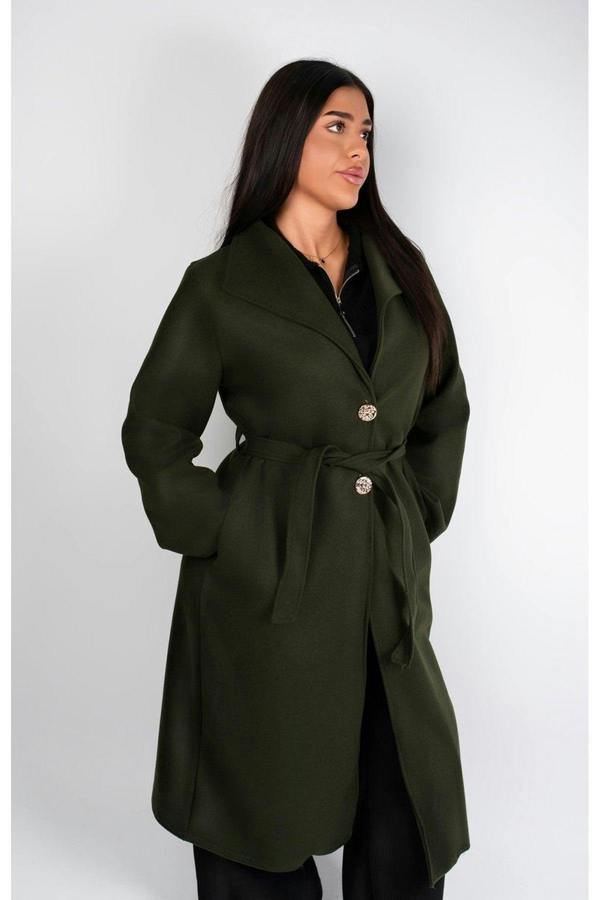 Marelle Belted Longline Coat With Button Detail - Khaki