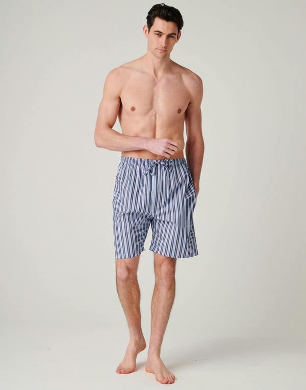 British Boxers Men's Crisp Cotton Sleep Shorts – Navy Spark Stripe