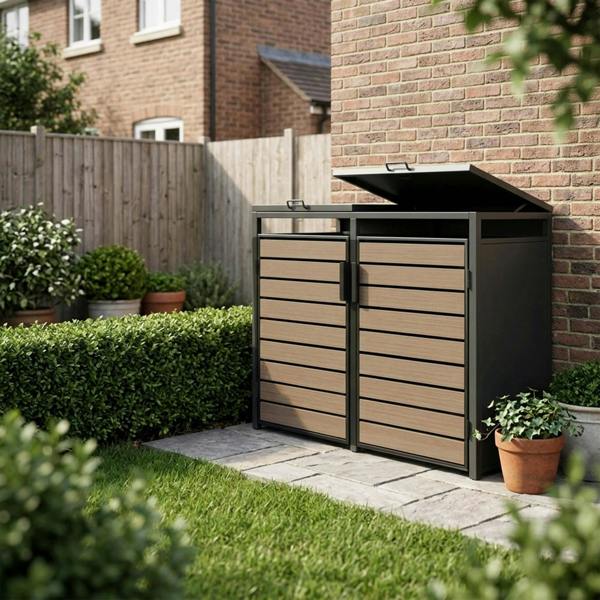 Nicoman Outdoor Metal Garbage Bin Shed with Wood Effect Doors