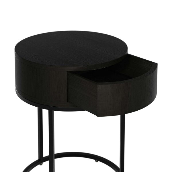 Wyld Haus Allegro Black Oak and Metal Round Bedside Table with Drawer