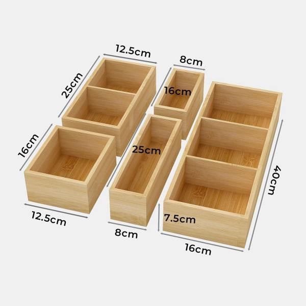Toque 5 Pcs Bamboo Drawer Organizer Multi-Use Storage Box with Removable Divider