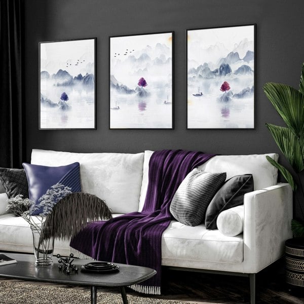 Big wall paintings for living room | set of 3 Japanese wall art