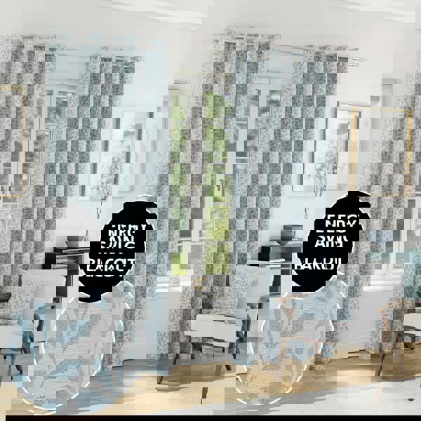 Enhanced Living Ice Blue 100% Blackout Jacquard Leaf Curtains - Thermal/Energy Saving Pair with Eyelets For Living Room & Bedrooms