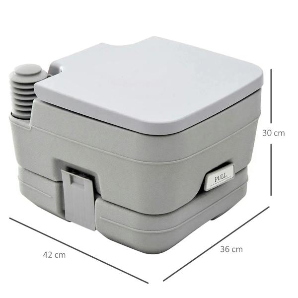 Grey 10L portable plastic toilet with flat lid and front latch panel