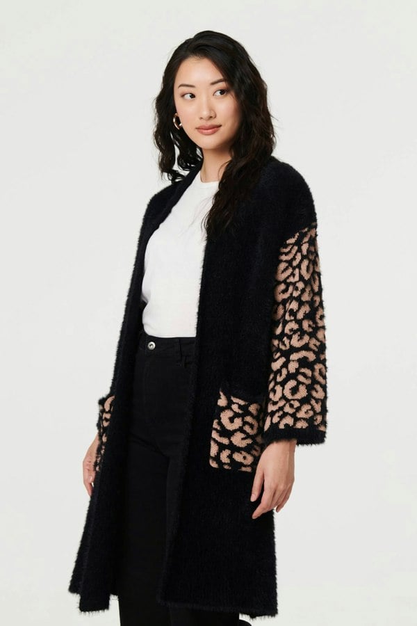 Black | Animal Print Open Longline Cardigan
