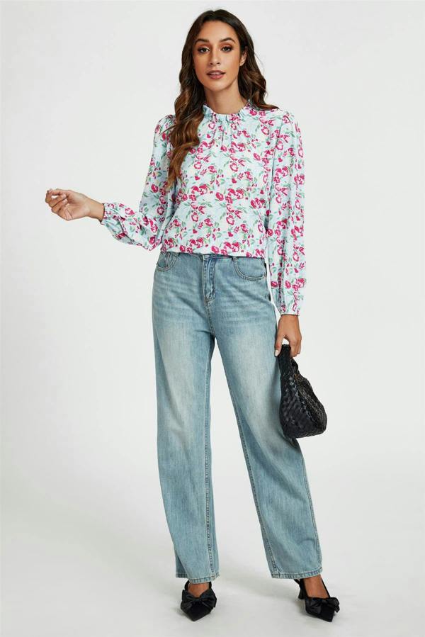 FS Collection Floral Print Frill Detail High Neck Top In Blue & Pink