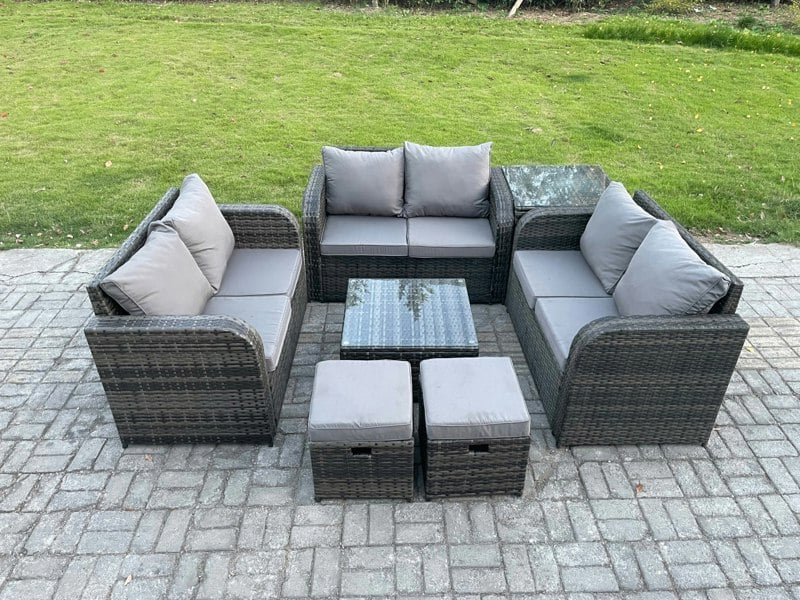 Fimous Outdoor Garden Furniture Sets 8 Seater Wicker Rattan Furniture Sofa Sets with Square Coffee Table Love seat Sofa 2 Small Footstools Side Table