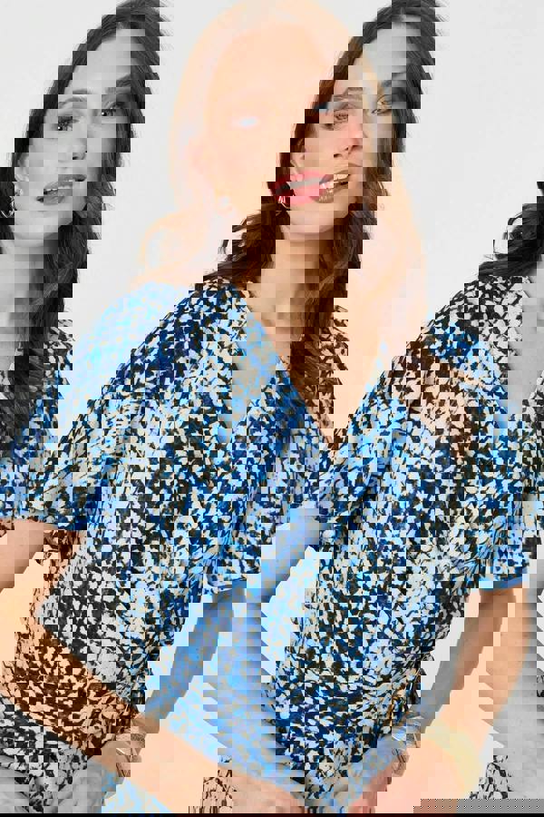 Blue | Abstract Angel Sleeve Ruched Wrap Top