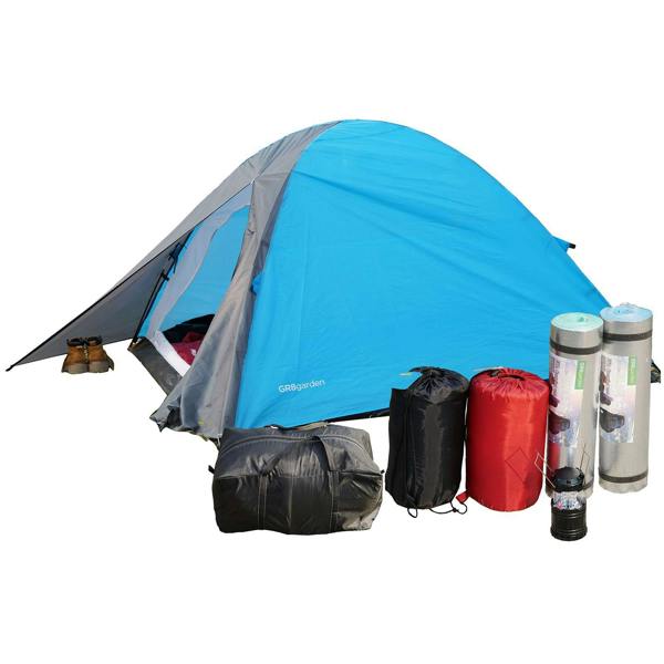 Gr8 Garden 2 Person Camping Starter Set 4 Man Tent Sleeping Bags Mats LED Lantern Festival Kit