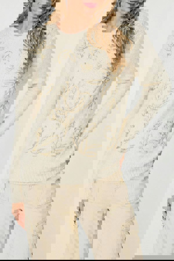 Cream | Floral Embroidered Textured Jumper
